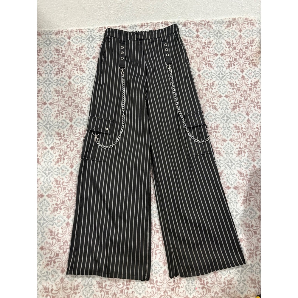 Hot Topic Striped Cargo Pants Black White Chain Wide Leg Goth Punk Small